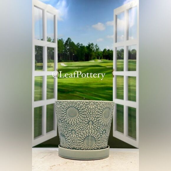 Emma Aqua Ceramic Planter Pot with Saucer Attached - Picture 1 of 9